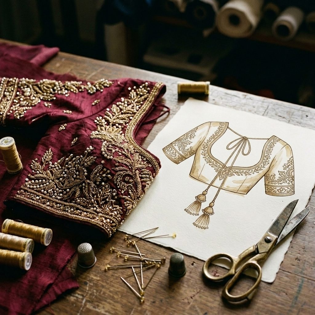 Hand-drawn bespoke bridal blouse sketch and embroidery swatches